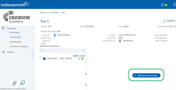 Image shows how to add an item to a claim