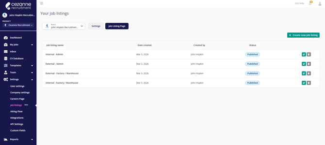 Job Listings page settings