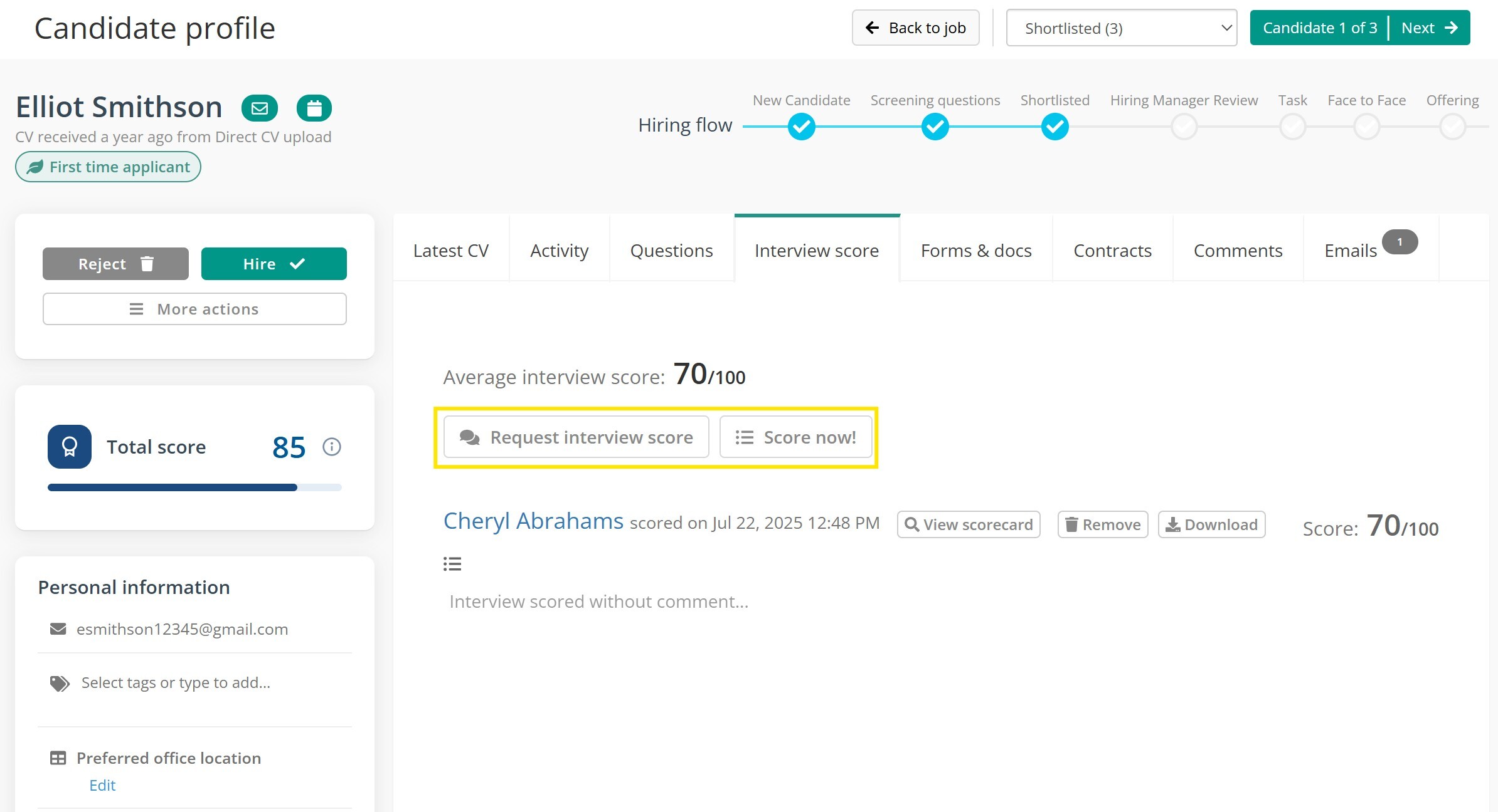 Screenshot showing an interview scorecard