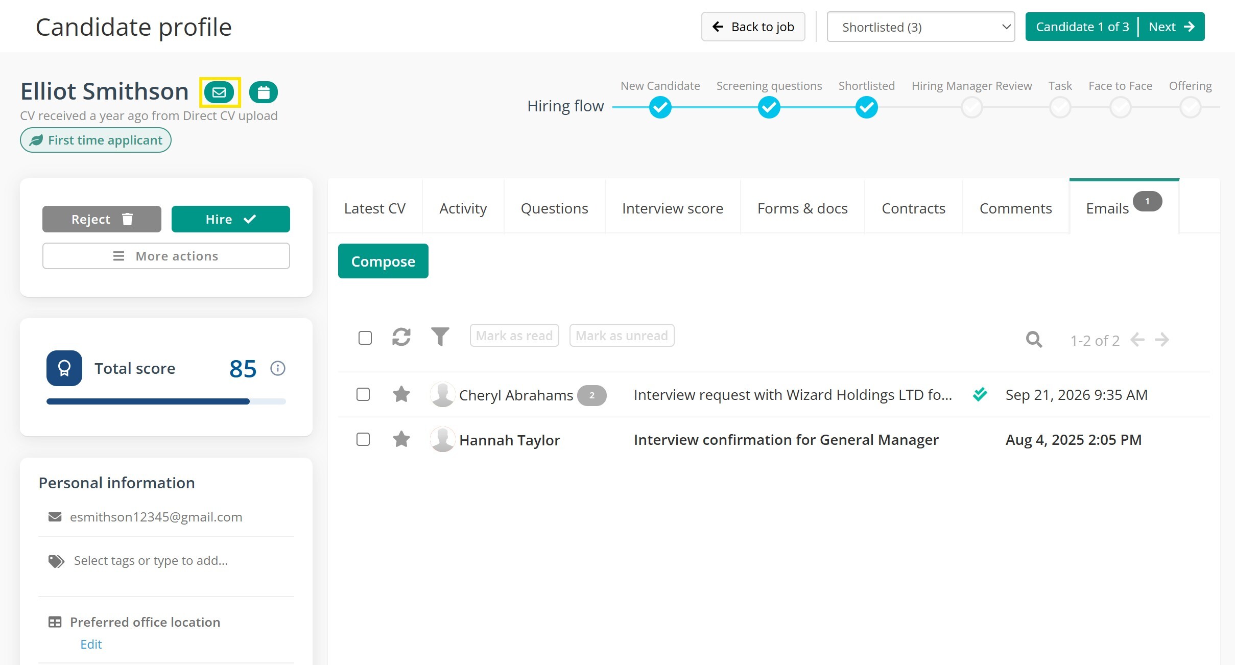Screenshot showing how to message a candidate