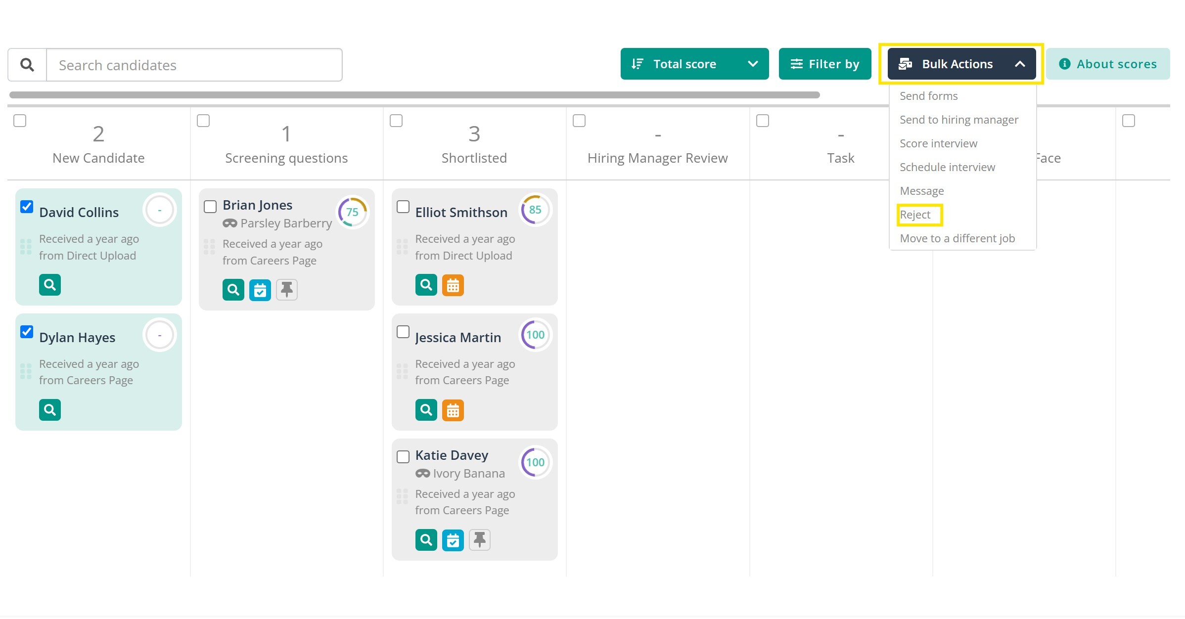 Screenshot showing how to reject a candidate