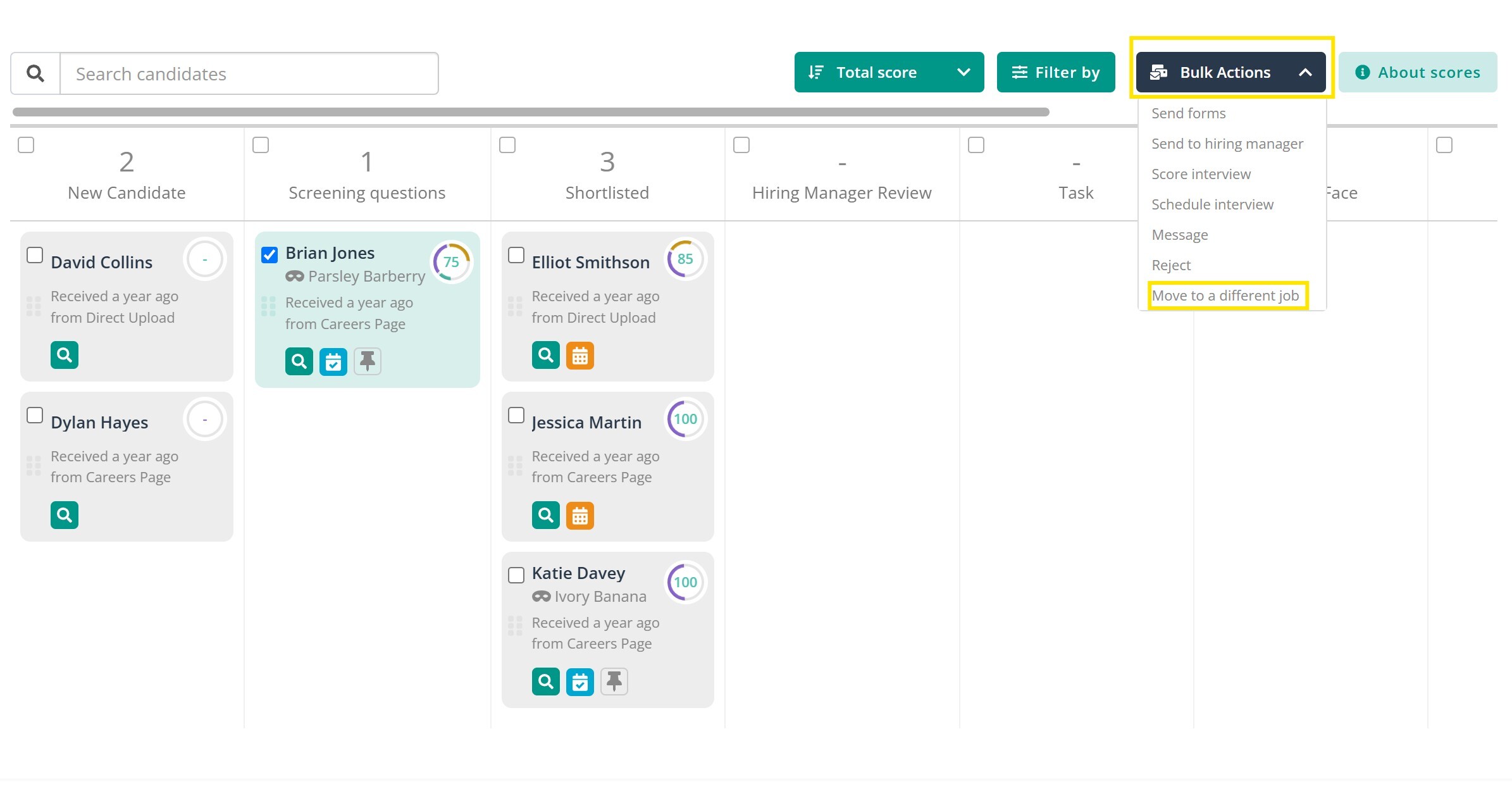 Screenshot showing Moving a Candidate to Another Job