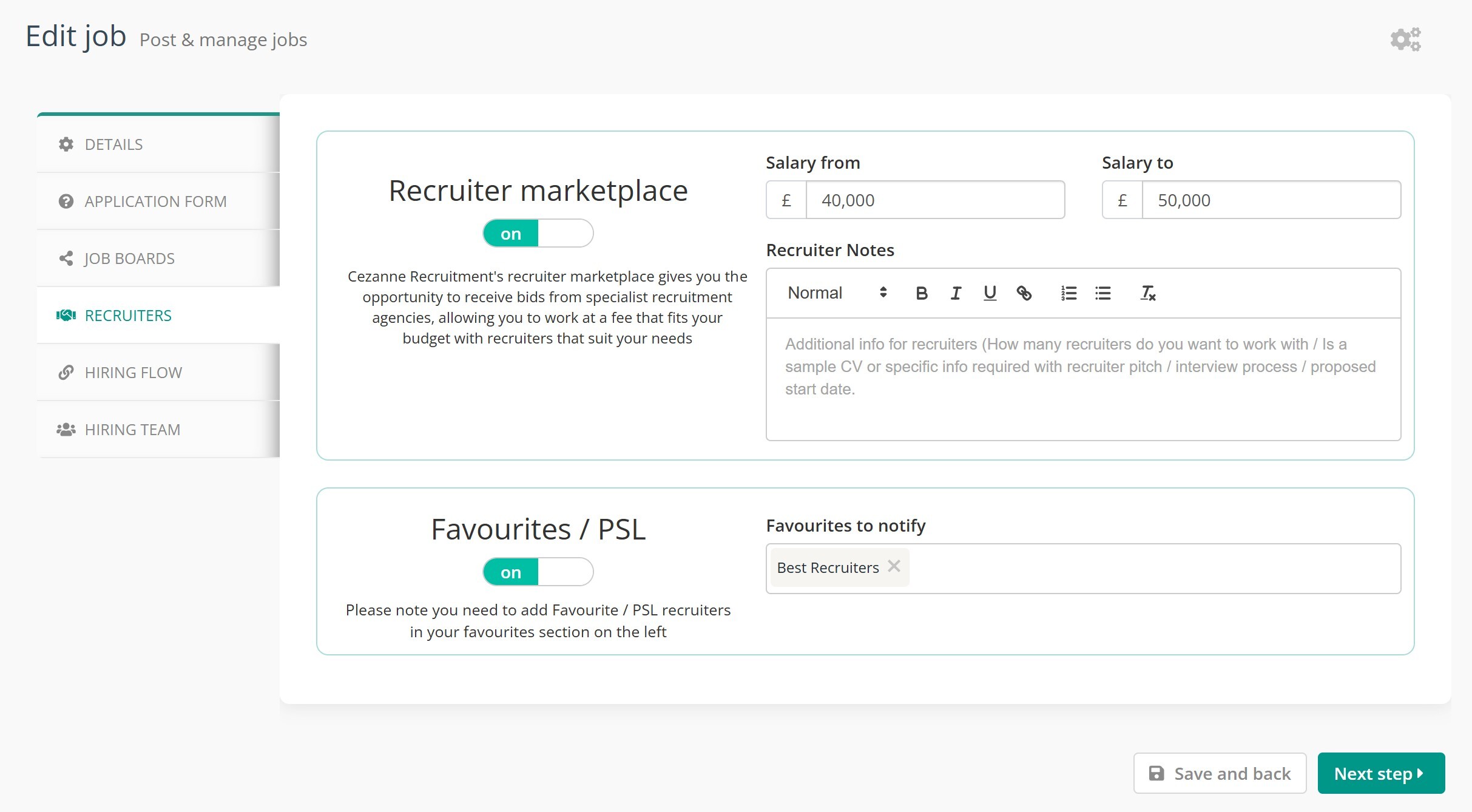 Screenshot showing the recruiter marketplace