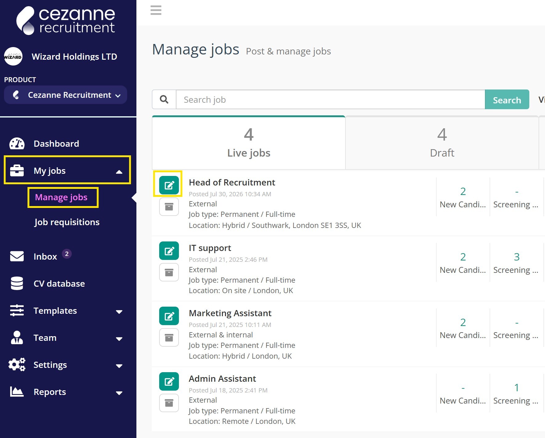 Screenshot for Editing a job