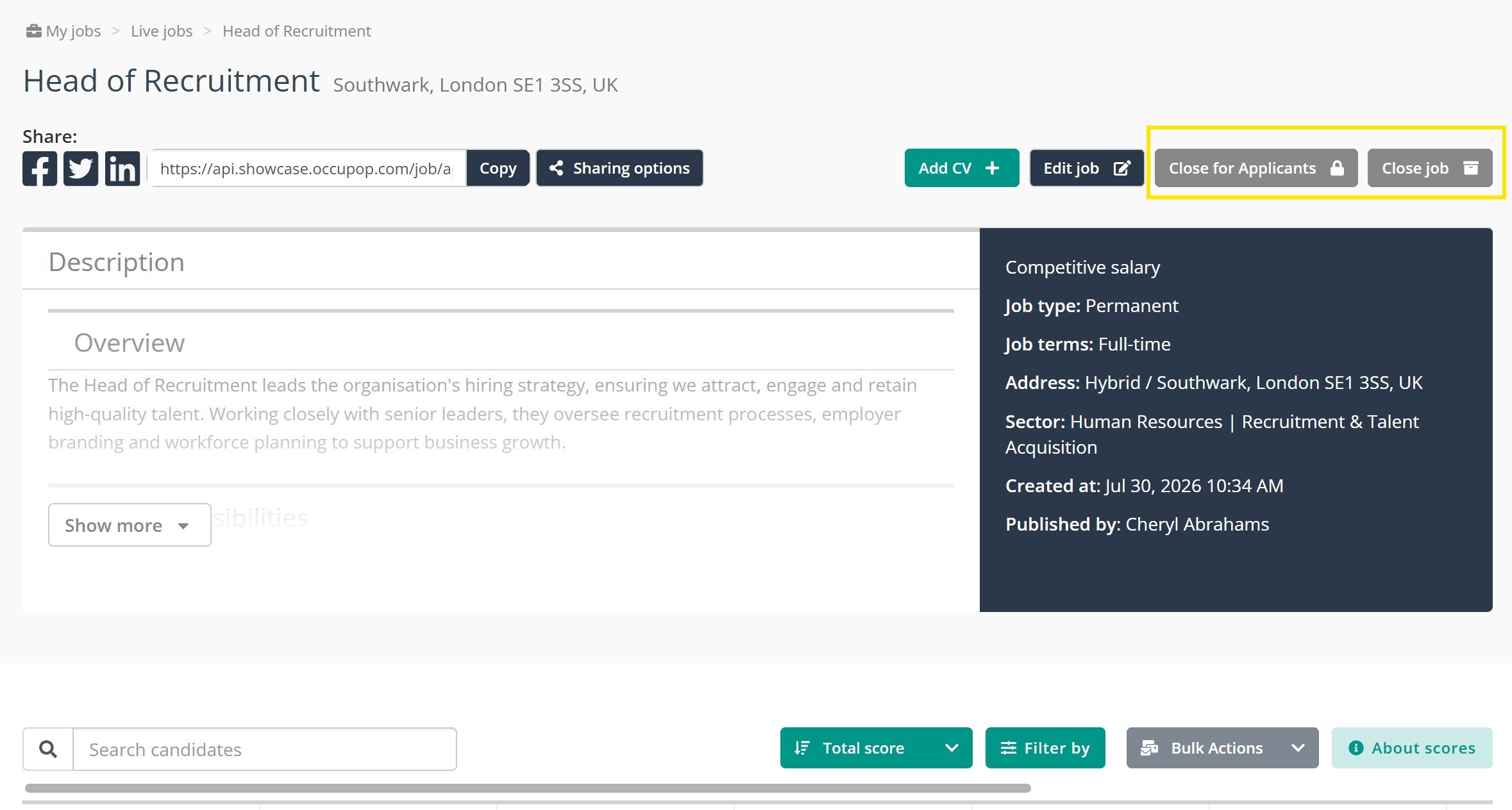 Screenshot for closing or archiving a job