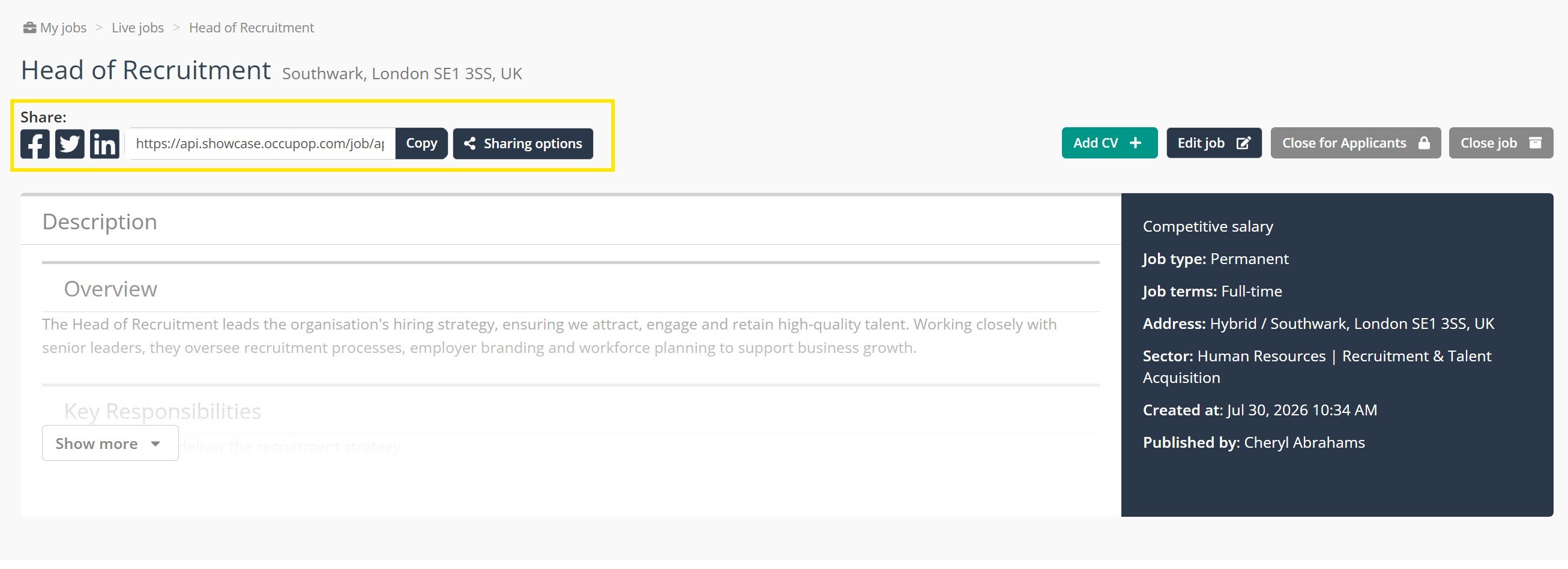 Screenshot for Sharing a Job on Social Media