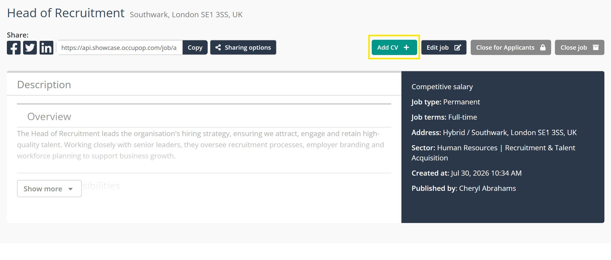 Screenshot for manually adding a CV