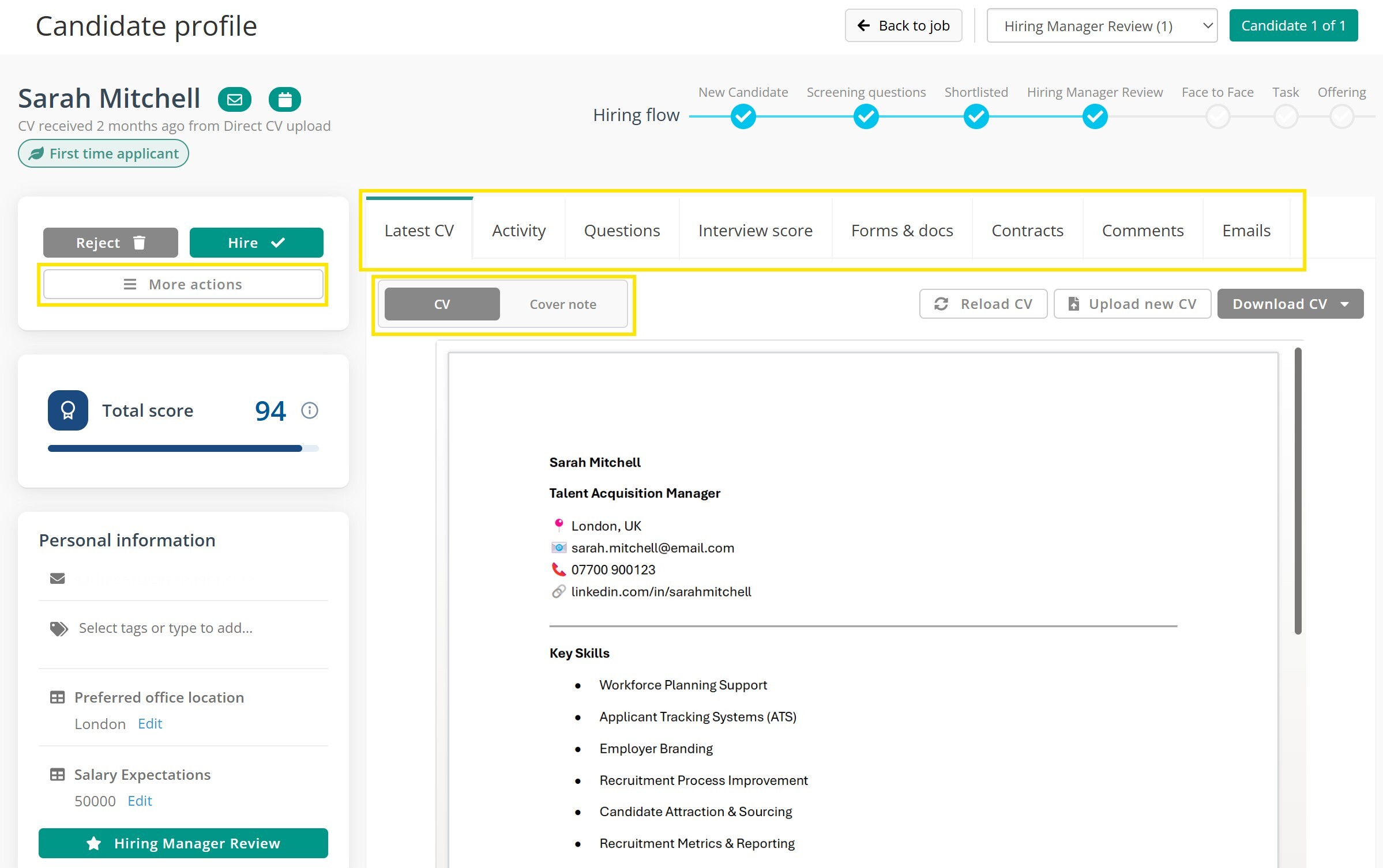Screenshot of a candidate profile