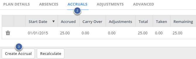 1. Adding a New Accrual Record to an Absence Plan